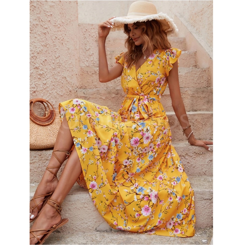 Floral Dress Surplice Overlapping V Neck Fit & Flare Maxi Long Yellow Tie Belt